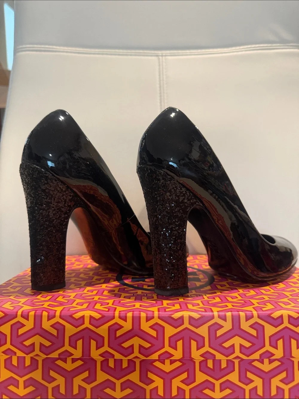 Tory Burch Black Patent Block Heel Pumps - Picture 3 of 8